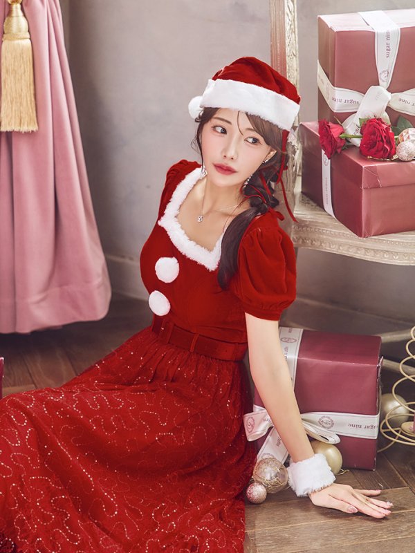 画像10: 【サンタセール！】【サンタコス 5点セット】【S-Mサイズ/2カラー】ベロアワンピースサンタ[YMT]