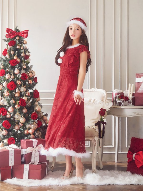 画像11: 【サンタセール！】【サンタコス 4点セット】【S-Lサイズ/1カラー】フラワーレースワンピースサンタ[YMT]