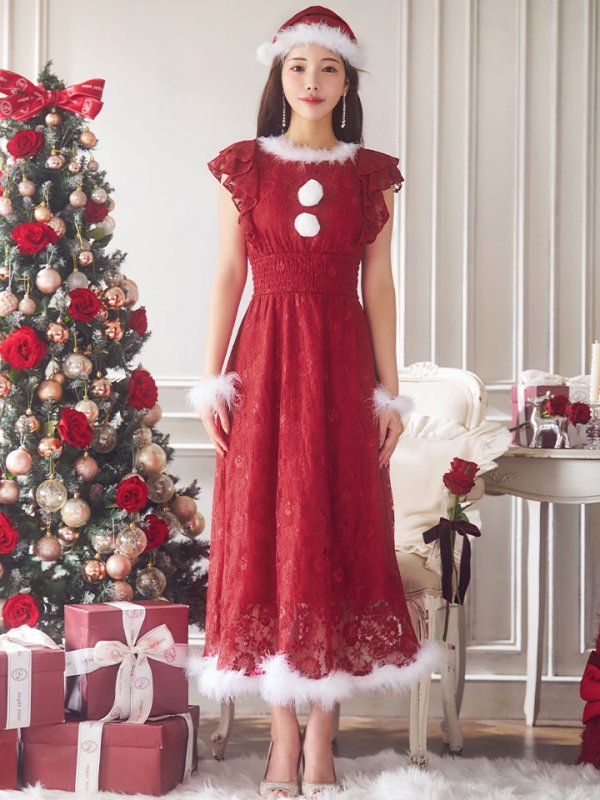 画像4: 【サンタセール！】【サンタコス 4点セット】【S-Lサイズ/1カラー】フラワーレースワンピースサンタ[YMT]