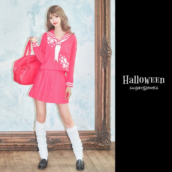 画像2: 【即日発送！】【ハロウィン】ピンクJK/女子高生/セーラー服コスプレセット【ハロウィン3点セット】【S-Lサイズ/1カラー】[HC02]