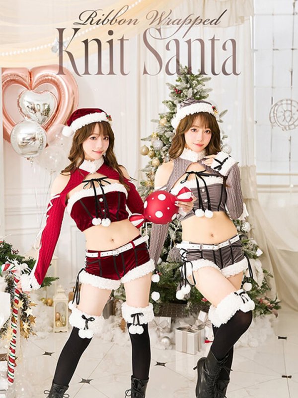 画像1: 【ノベルティ対象】【即日発送！】【クリスマスコスプレ7点セット】【Malymoon/マリームーン】リボンラッピングサンタセットアップ【フリーサイズ/2カラー】[YMT]