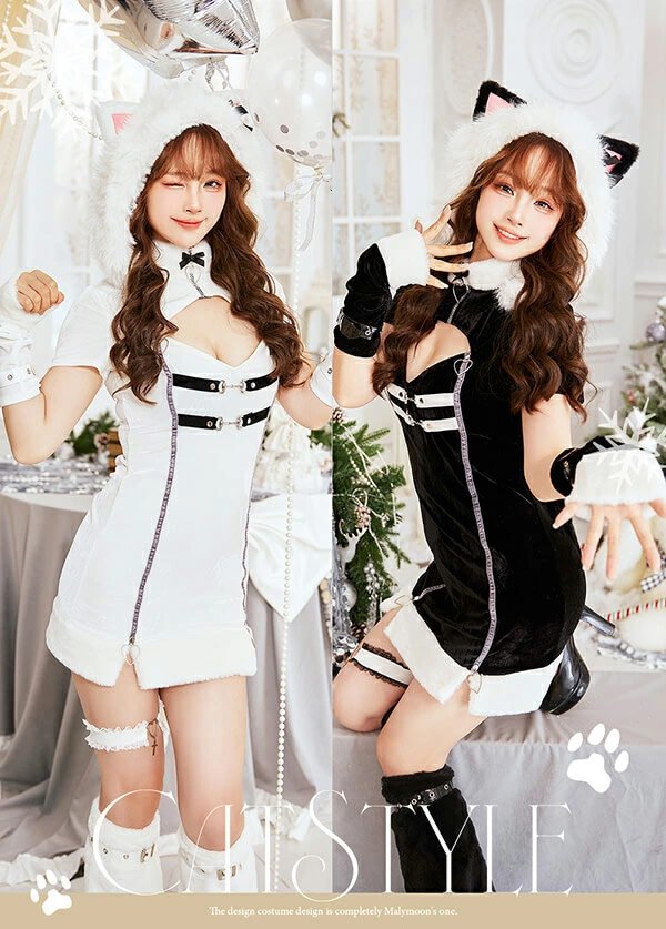 画像1: 【即日発送！】【クリスマスコスプレ7点セット】【Malymoon/マリームーン】レディジップファーキャットサンタ【フリーサイズ/2カラー】[YMT]