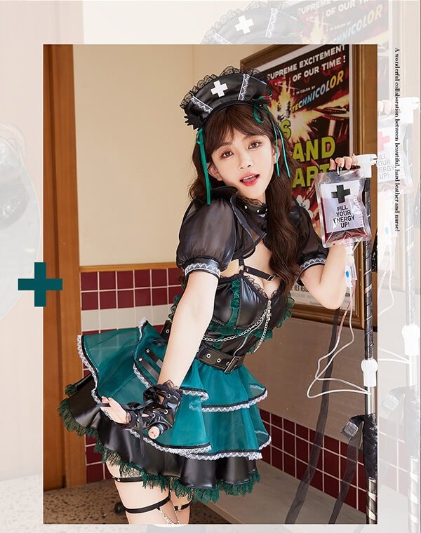 画像1: 【即日発送】ホーンテッドブラックレザーナース【マリームーン】【ハロウィンコスプレ6点セット】【フリーサイズ/2カラー】[YMT]