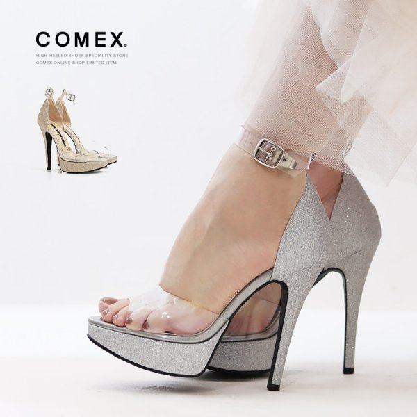 画像1: 【COMEX】 2color/ 13cmヒール/ クリアサンダル/ ラメ / ハイヒール/ アンクルストラップ/ サンダル[OF02]