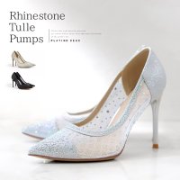 【COMEX】 3color/ 10cmヒール/ チュール/ ラメ/ ラインストーン/ ポインテッドトゥ/ ピンヒール/ パンプス[OF02]