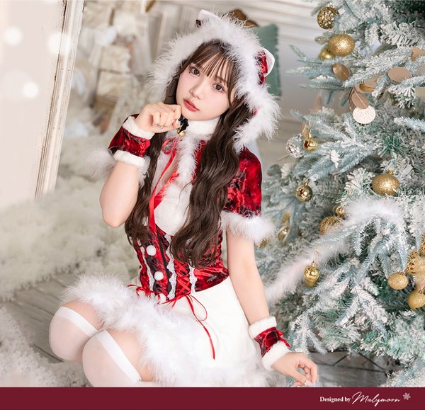 画像1: 【即日発送】【クリスマスコスプレ7点セット】【Malymoon/マリームーン】レースアップ猫耳チェックサンタ【フリーサイズ/1カラー】[OF03]