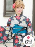 【浴衣セール！】【浴衣】黒地×花模様浴衣セット（OBI-hira-100-ok-3-BxBL/HEKO-800-sb-5-W/HIMO-900-yn-6-MI/GETA-02-ok-7-R）[HC02]