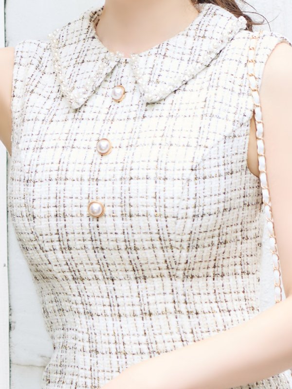 画像6: 【即日発送】ツイードプリーツドレス/ローライズ/ローウエスト/ノースリーブ/パール/谷間隠し/ミニドレス/キャバドレス【XS-XLサイズ/3カラー】[HC02-X] 【SB】dzj