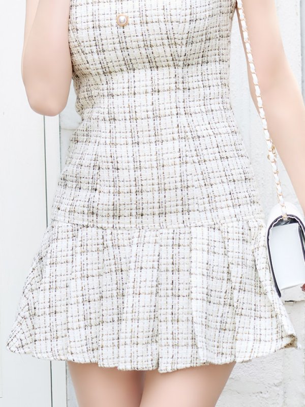 画像7: 【即日発送】ツイードプリーツドレス/ローライズ/ローウエスト/ノースリーブ/パール/谷間隠し/ミニドレス/キャバドレス【XS-XLサイズ/3カラー】[HC02-X] 【SB】dzj