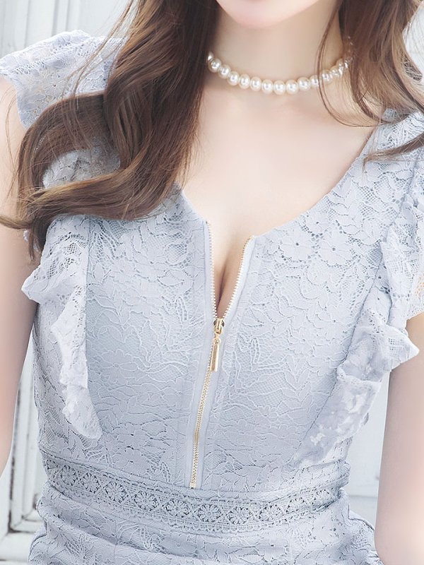 画像7: マーメイドワンピースドレス/花柄刺繍レース/フリル/谷間見せ/背中隠し/ミディアムドレス/キャバドレス【S-Lサイズ/4カラー】[OF01-X]【SB】dzw