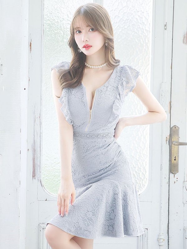 画像12: マーメイドワンピースドレス/花柄刺繍レース/フリル/谷間見せ/背中隠し/ミディアムドレス/キャバドレス【S-Lサイズ/4カラー】[OF01-X]【SB】dzw