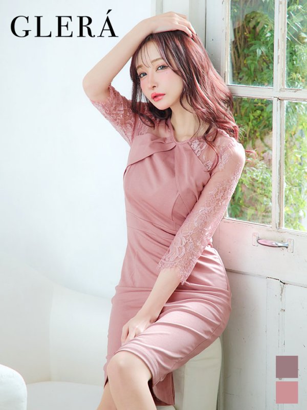 画像1: SALE!【Glera/グレイラ】タックプリーツワンピース/ワンカラー/タイト/ロングスリーブ/レース/シアー/谷間隠し/ミディアムドレス/キャバドレス 【M-XLサイズ/2カラー】[OF04] 【SB】dzk