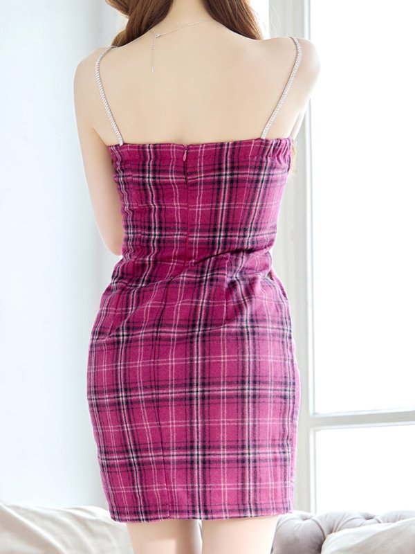 画像8: SALE!タータンチェックキャミソールドレス/ノースリーブ/ビジュー/サイドシアー/谷間見せ/背中見せ/ミニドレス/キャバドレス【XS-Mサイズ/2カラー】[OF01] 【SB】dzw