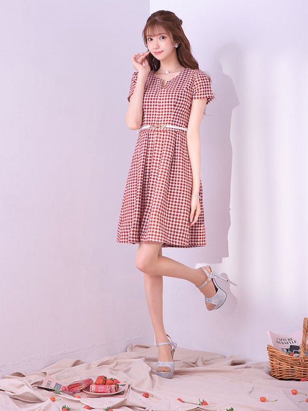 画像2: SALE!レッドスイートツイードフレアーワンピースドレス/ベルト/チェック柄/胸元隠し/背中隠し/フレアー/ミディアムドレス/キャバドレス【S-Lサイズ/1カラー】[OF04-X] 【SB】dzw