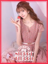 SALE!レッドスイートツイードフレアーワンピースドレス/ベルト/チェック柄/胸元隠し/背中隠し/フレアー/ミディアムドレス/キャバドレス【S-Lサイズ/1カラー】[OF04-X] 【SB】dzw