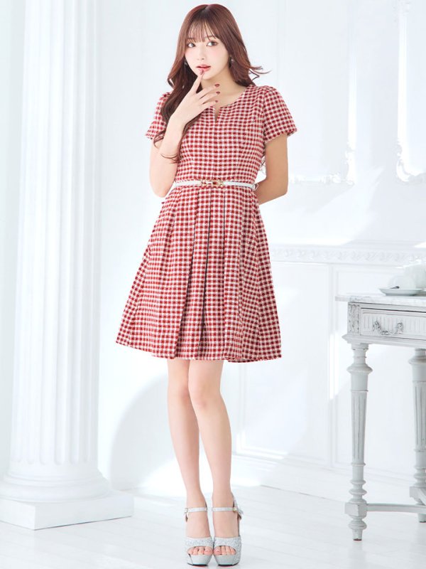 画像6: SALE!レッドスイートツイードフレアーワンピースドレス/ベルト/チェック柄/胸元隠し/背中隠し/フレアー/ミディアムドレス/キャバドレス【S-Lサイズ/1カラー】[HC02-X] 【SB】dzw