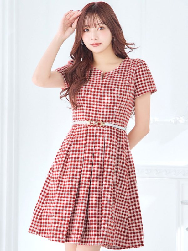 画像7: SALE!レッドスイートツイードフレアーワンピースドレス/ベルト/チェック柄/胸元隠し/背中隠し/フレアー/ミディアムドレス/キャバドレス【S-Lサイズ/1カラー】[HC02-X] 【SB】dzw