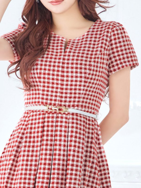 画像8: SALE!レッドスイートツイードフレアーワンピースドレス/ベルト/チェック柄/胸元隠し/背中隠し/フレアー/ミディアムドレス/キャバドレス【S-Lサイズ/1カラー】[HC02-X] 【SB】dzw