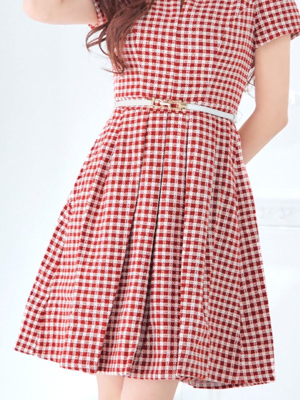 画像9: SALE!レッドスイートツイードフレアーワンピースドレス/ベルト/チェック柄/胸元隠し/背中隠し/フレアー/ミディアムドレス/キャバドレス【S-Lサイズ/1カラー】[HC02-X] 【SB】dzw