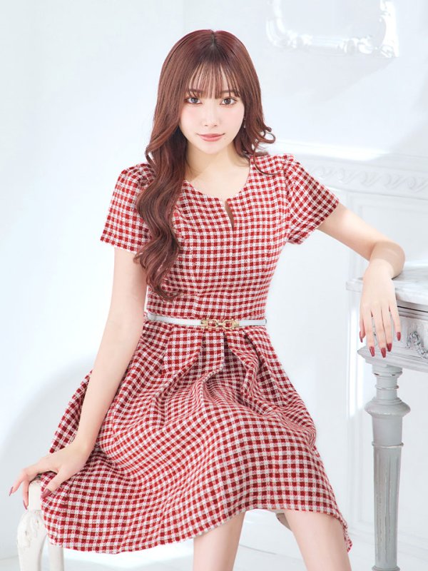 画像5: SALE!レッドスイートツイードフレアーワンピースドレス/ベルト/チェック柄/胸元隠し/背中隠し/フレアー/ミディアムドレス/キャバドレス【S-Lサイズ/1カラー】[HC02-X] 【SB】dzw