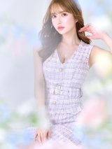 SALE!ツイードチェックミニワンピース/Aライン/ノースリーブ/フェイクポケット/パールボタン/ベルト/背中隠し/ミニドレス/キャバドレス 【S-Mサイズ/1カラー】[OF04]【SB】dzw