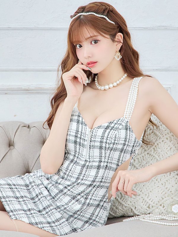 画像2: SALE!キャミツイードドレス/チェック/パール/谷間見せ/背中見せ/ミニドレス/キャバドレス【XS-Mサイズ/1カラー】[OF04] 【SB】dzw