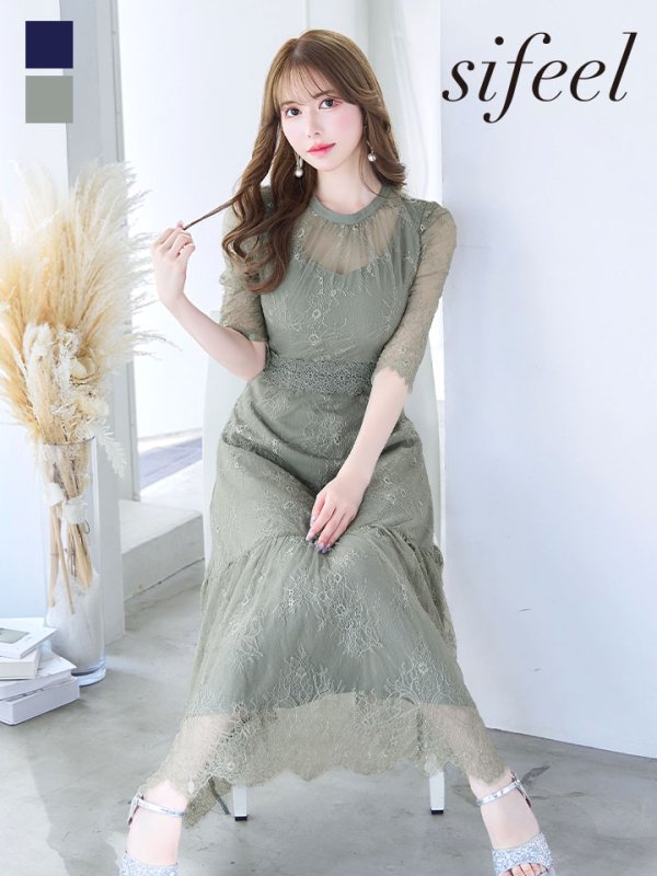 画像1: SALE!【sifeel/シフィール】総レースフェミニンワンピースドレス/フレアー/胸元隠し/ミディアムドレス/キャバドレス【S-Lサイズ/2カラー】[OF04] 【SB】dzw