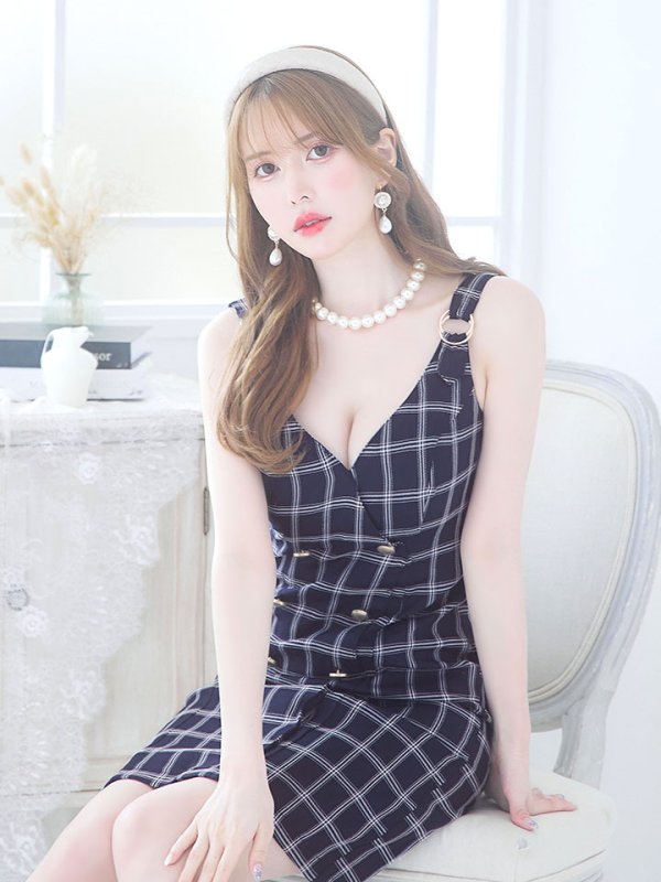 画像19: SALE!チェック柄タイトミニドレス/ダブルボタン/ノースリーブ/金ボタン/谷間見せ/背中見せ/ミニドレス/キャバドレス 【S-Mサイズ/1カラー】[HC02] 【SB】dzw