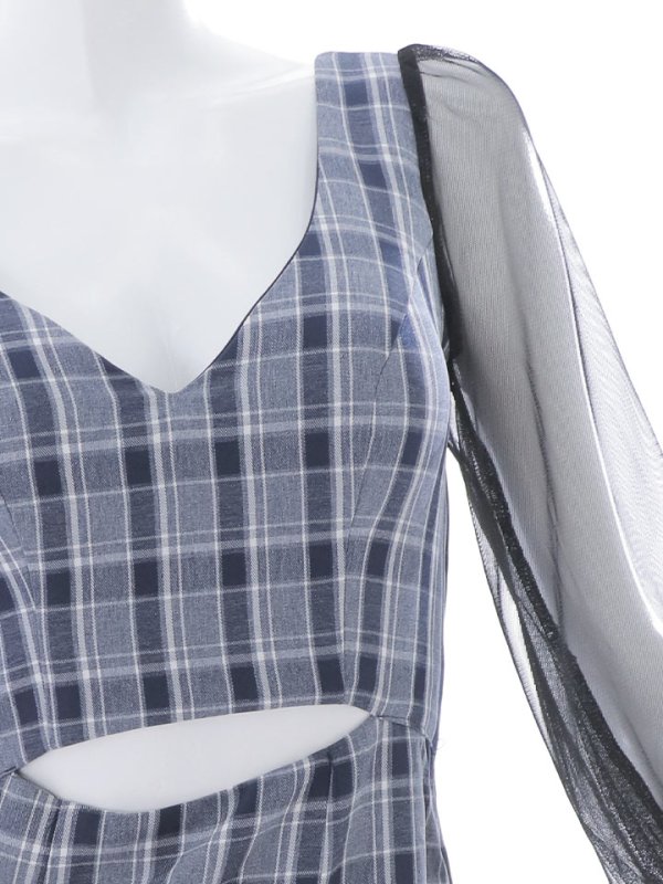 画像29: SALE!チェック柄マーメイドドレス/チェック柄/刺繍/チュール袖/谷間見せ/背中見せ/ミニドレス/キャバドレス【S-Mサイズ/1カラー】[HC02] 【SB】dzwj