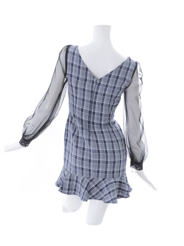 画像28: SALE!チェック柄マーメイドドレス/チェック柄/刺繍/チュール袖/谷間見せ/背中見せ/ミニドレス/キャバドレス【S-Mサイズ/1カラー】[HC02] 【SB】dzwj