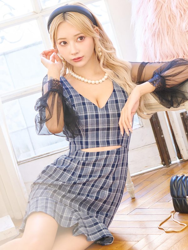 画像22: SALE!チェック柄マーメイドドレス/チェック柄/刺繍/チュール袖/谷間見せ/背中見せ/ミニドレス/キャバドレス【S-Mサイズ/1カラー】[HC02] 【SB】dzwj