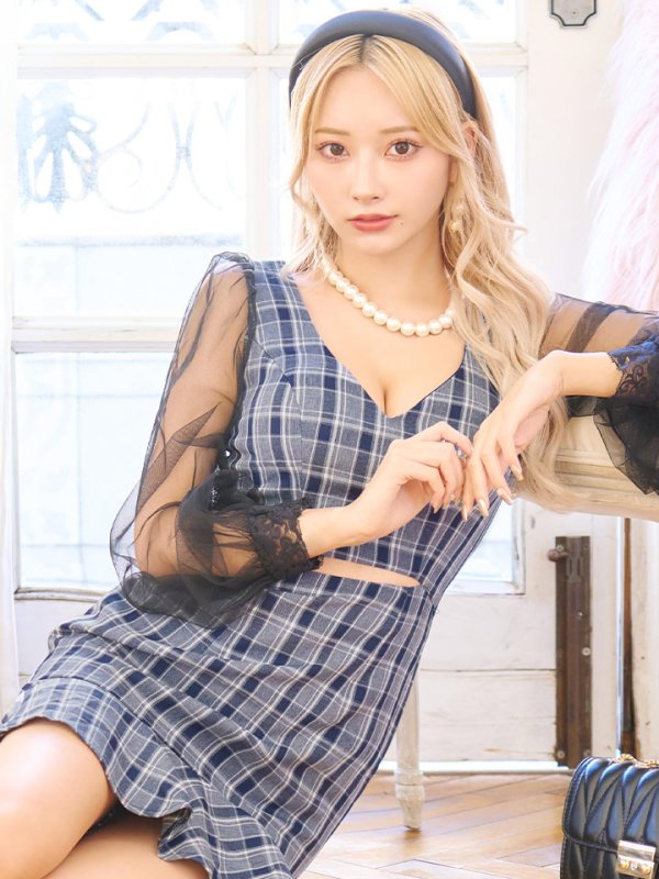 画像25: SALE!チェック柄マーメイドドレス/チェック柄/刺繍/チュール袖/谷間見せ/背中見せ/ミニドレス/キャバドレス【S-Mサイズ/1カラー】[HC02] 【SB】dzwj