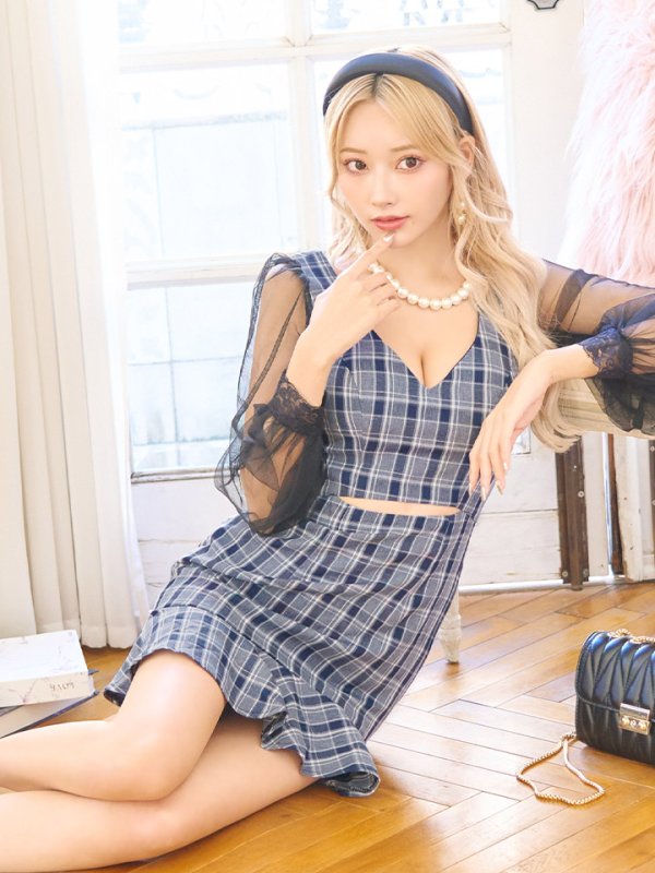 画像26: SALE!チェック柄マーメイドドレス/チェック柄/刺繍/チュール袖/谷間見せ/背中見せ/ミニドレス/キャバドレス【S-Mサイズ/1カラー】[HC02] 【SB】dzwj