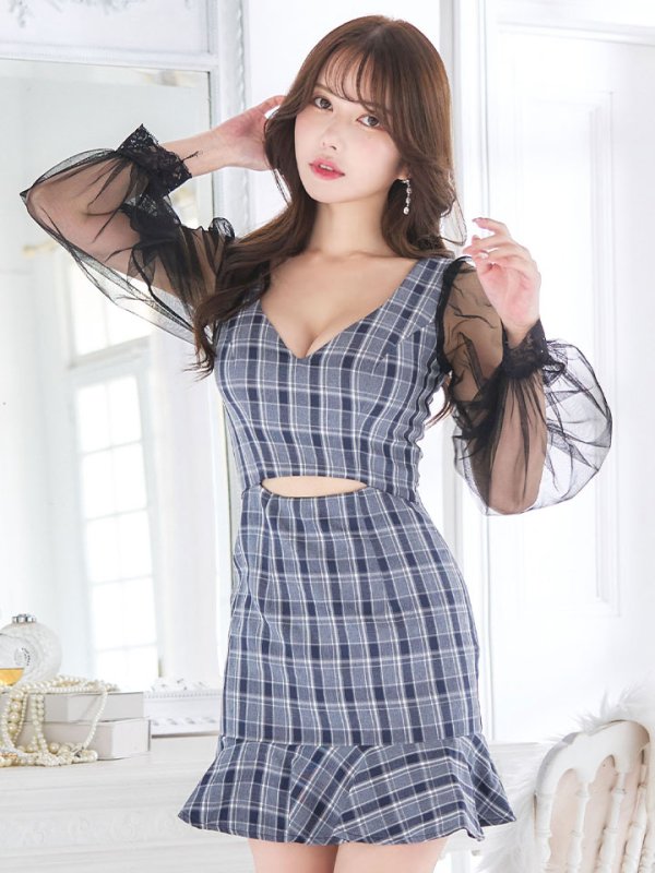 画像5: SALE!チェック柄マーメイドドレス/チェック柄/刺繍/チュール袖/谷間見せ/背中見せ/ミニドレス/キャバドレス【S-Mサイズ/1カラー】[HC02] 【SB】dzwj