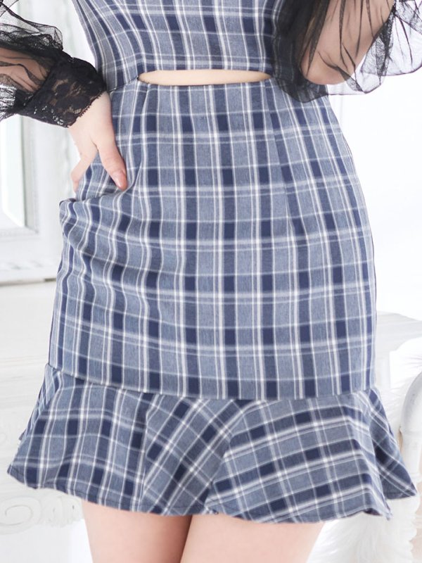 画像7: SALE!チェック柄マーメイドドレス/チェック柄/刺繍/チュール袖/谷間見せ/背中見せ/ミニドレス/キャバドレス【S-Mサイズ/1カラー】[HC02] 【SB】dzwj