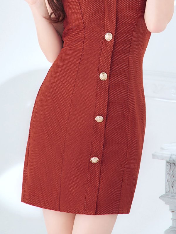 画像8: SALE!バーガンディドレス/ラウンドネック/ノースリーブ/ボタン/谷間見せ/ミニドレス/キャバドレス【S-Lサイズ/1カラー】[HC02] 【SB】dzc