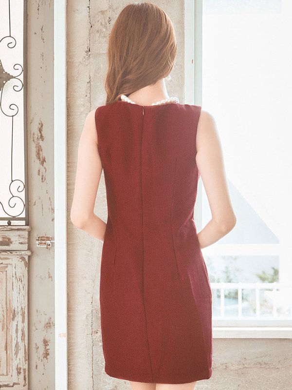 画像6: SALE!バーガンディドレス/ラウンドネック/ノースリーブ/ボタン/谷間見せ/ミニドレス/キャバドレス【S-Lサイズ/1カラー】[HC02] 【SB】dzc