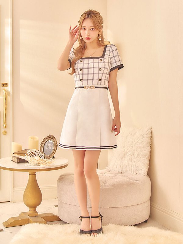 画像17: 【スプリングセール！】SALE!バイカラーチェックワンピースドレス/チェック柄/ボタン/フレアスカート/胸元隠し/背中隠し/ミニドレス/キャバドレス【XS-Mサイズ/1カラー】[OF01] 【SB】dzw