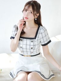 【スプリングセール！】SALE!バイカラーチェックワンピースドレス/チェック柄/ボタン/フレアスカート/胸元隠し/背中隠し/ミニドレス/キャバドレス【XS-Mサイズ/1カラー】[OF01] 【SB】dzw