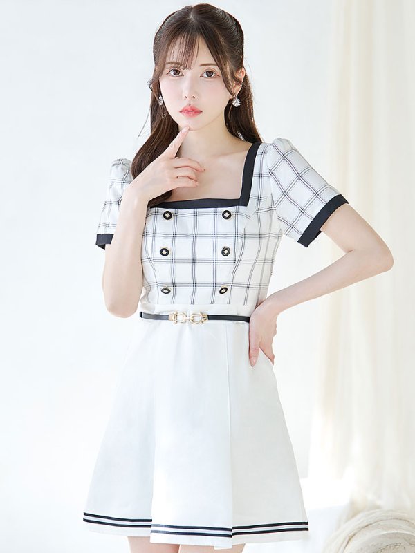 画像4: 【スプリングセール！】SALE!バイカラーチェックワンピースドレス/チェック柄/ボタン/フレアスカート/胸元隠し/背中隠し/ミニドレス/キャバドレス【XS-Mサイズ/1カラー】[OF01] 【SB】dzw