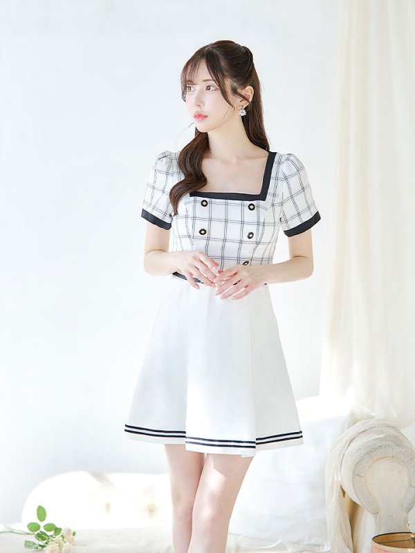画像11: 【スプリングセール！】SALE!バイカラーチェックワンピースドレス/チェック柄/ボタン/フレアスカート/胸元隠し/背中隠し/ミニドレス/キャバドレス【XS-Mサイズ/1カラー】[OF01] 【SB】dzw