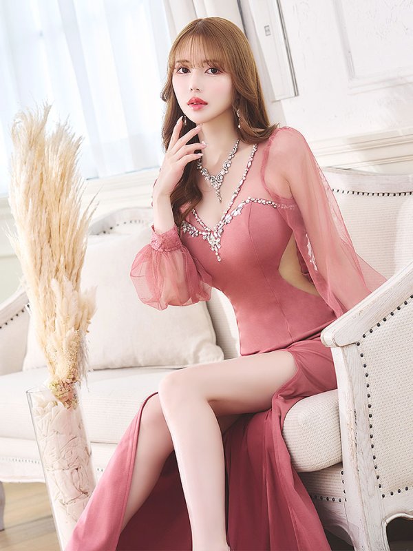 画像12: デコルテビジュードレス/チュール袖/サイド透け/スリット/谷間見せ/背中見せ/ロングドレス/キャバドレス/【S-Lサイズ/2カラー】[HC02]【SB】dzw