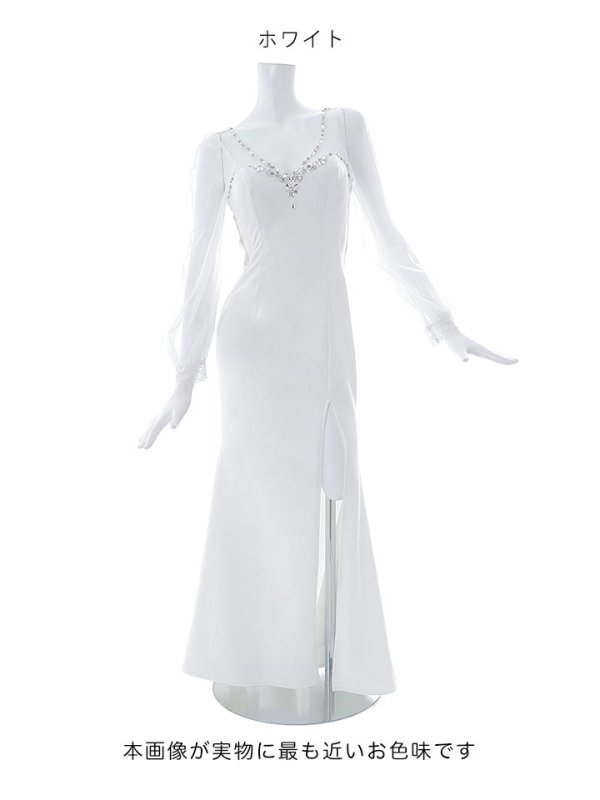 画像14: デコルテビジュードレス/チュール袖/サイド透け/スリット/谷間見せ/背中見せ/ロングドレス/キャバドレス/【S-Lサイズ/2カラー】[HC02]【SB】dzw