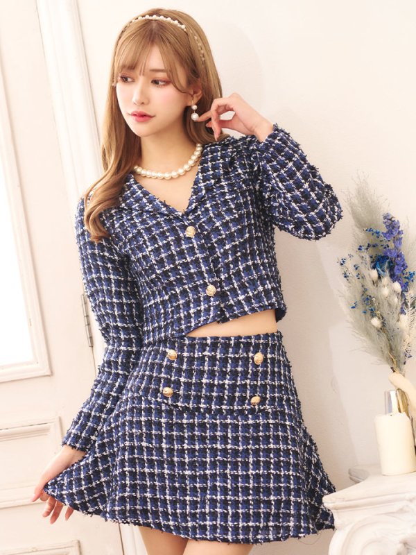 画像4: SALE!ネイビーツイードジャケットセットアップドレス/ローライズ/ローウエスト/チェック柄/ボタン/2ピース/谷間見せ/背中隠し/ミニドレス/キャバドレス【XS-Lサイズ/1カラー】[HC02] 【SB】dzw