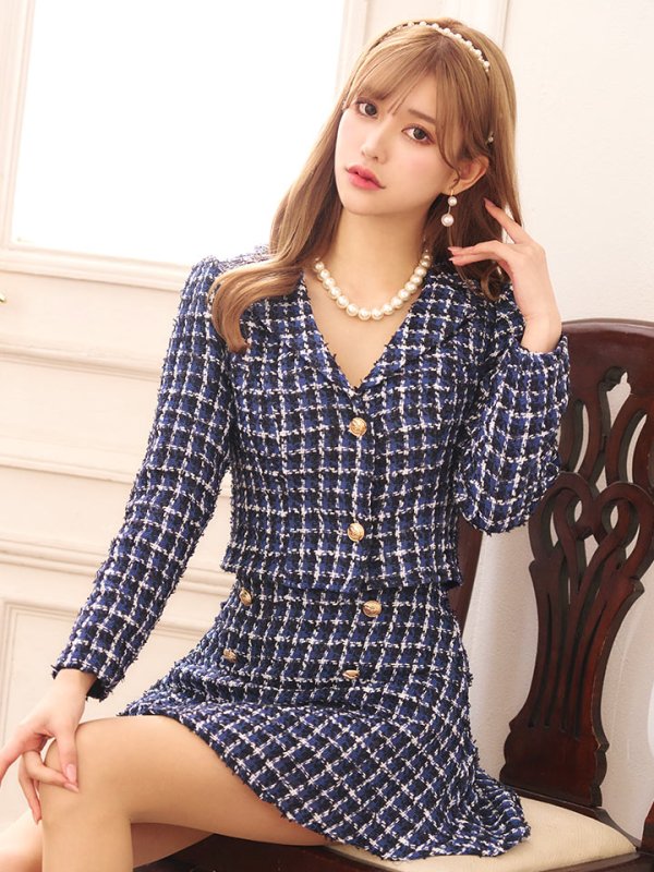 画像5: SALE!ネイビーツイードジャケットセットアップドレス/ローライズ/ローウエスト/チェック柄/ボタン/2ピース/谷間見せ/背中隠し/ミニドレス/キャバドレス【XS-Lサイズ/1カラー】[HC02] 【SB】dzw