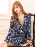 SALE!ネイビーツイードジャケットセットアップドレス/チェック柄/ローライズ/ローウエスト/ボタン/2ピース/谷間見せ/背中隠し/ミニドレス/キャバドレス【XS-Lサイズ/1カラー】[OF04] 【SB】dzw