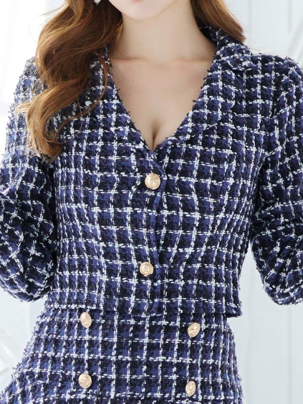画像6: SALE!ネイビーツイードジャケットセットアップドレス/ローライズ/ローウエスト/チェック柄/ボタン/2ピース/谷間見せ/背中隠し/ミニドレス/キャバドレス【XS-Lサイズ/1カラー】[HC02] 【SB】dzw