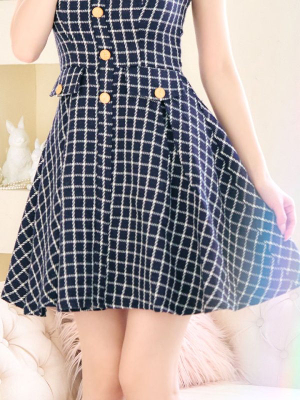 画像14: SALE!チェックドレス/ボタン/ノースリーブ/金ボタン/フレア/Aライン/谷間見せ/背中見せ/ミニドレス/キャバドレス【S-Lサイズ/1カラー】[HC02] 【SB】dzw