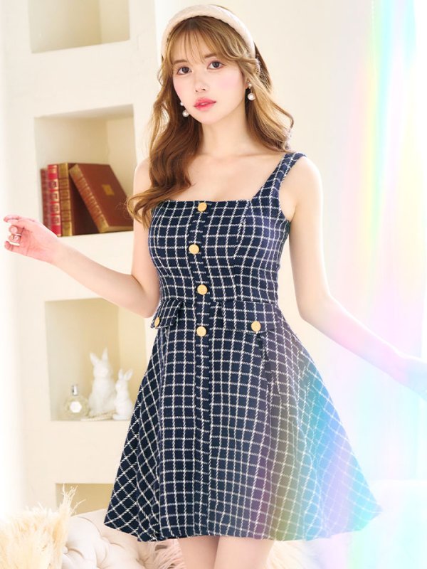 画像11: SALE!チェックドレス/ボタン/ノースリーブ/金ボタン/フレア/Aライン/谷間見せ/背中見せ/ミニドレス/キャバドレス【S-Lサイズ/1カラー】[HC02] 【SB】dzw