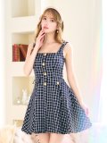 SALE!チェックドレス/ボタン/ノースリーブ/金ボタン/フレア/Aライン/谷間見せ/背中見せ/ミニドレス/キャバドレス【S-Lサイズ/1カラー】[OF04] 【SB】dzw